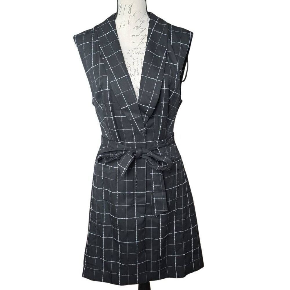 DKNY Women's Size 14 Black White Check Collared Belted Sleeveless Dress